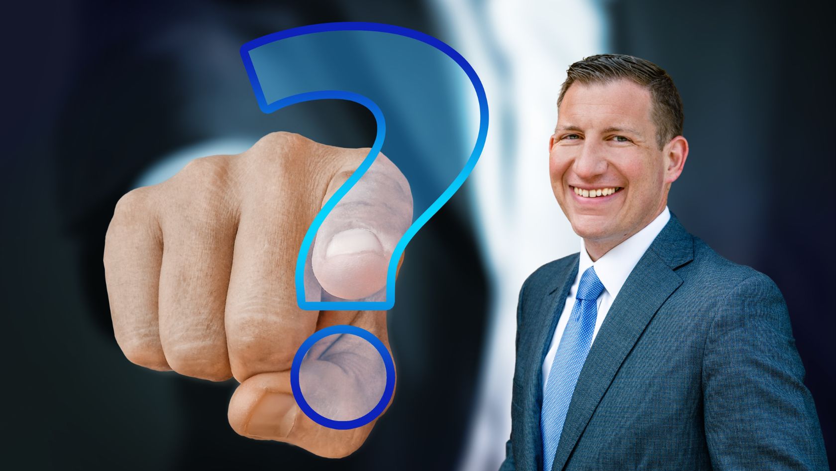 Smiling businessman in a suit points at the viewer with a large blue question mark overlay, inviting questions.