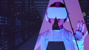 Person wearing a white VR headset and headphones, reaching toward a neon purple digital background.