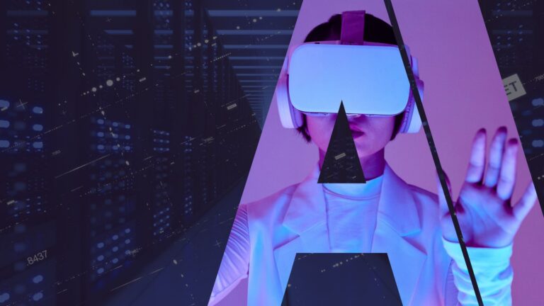 Person wearing a white VR headset and headphones, reaching toward a neon purple digital background.