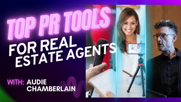 Podcast cover for 'Top PR Tools for Real Estate Agents' showing a microphone, neon title, and a split-screen with a presenter and guest.