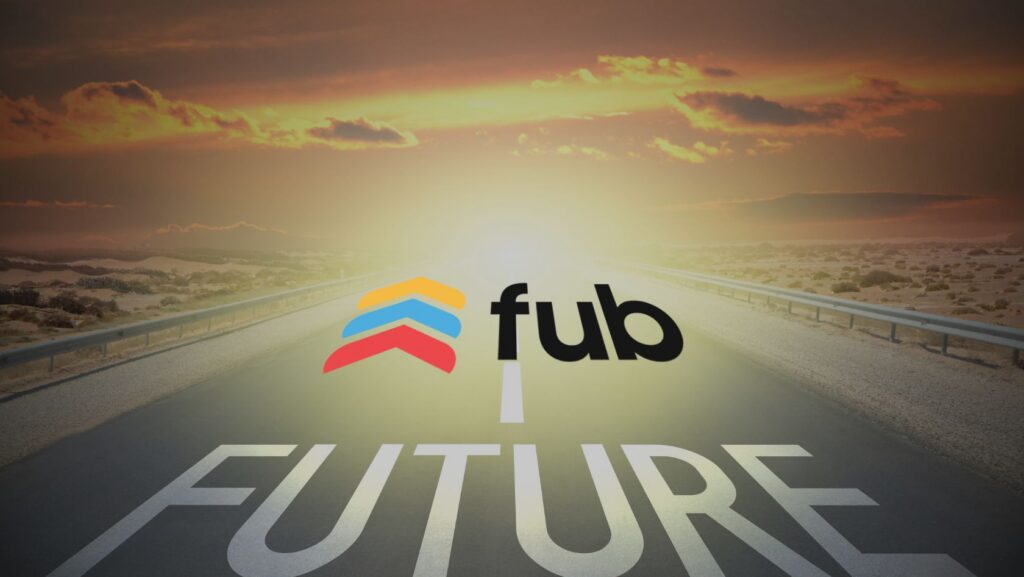Desert highway at sunset with a bright horizon; the word FUTURE on the road beside a colorful chevron logo and the letters 'fub'.