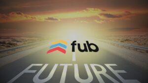 Desert highway at sunset with a bright horizon; the word FUTURE on the road beside a colorful chevron logo and the letters 'fub'.