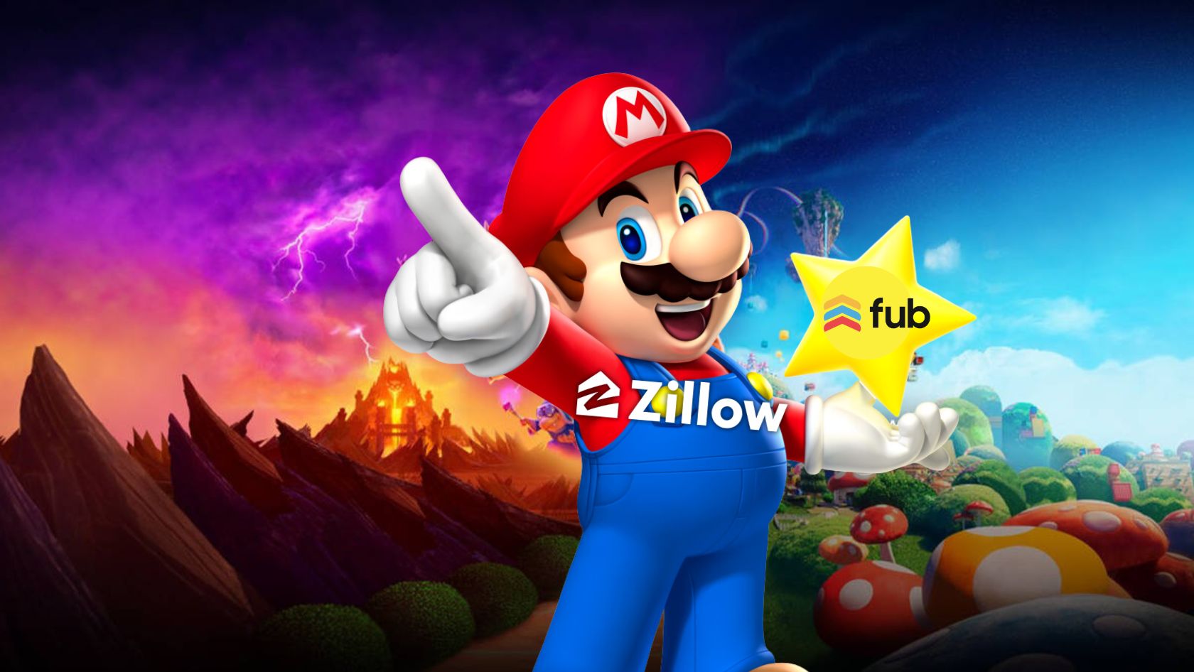 Mario in a red hat and blue overalls points outward, holding a bright yellow star with the fub logo; Zillow branding is across his chest.