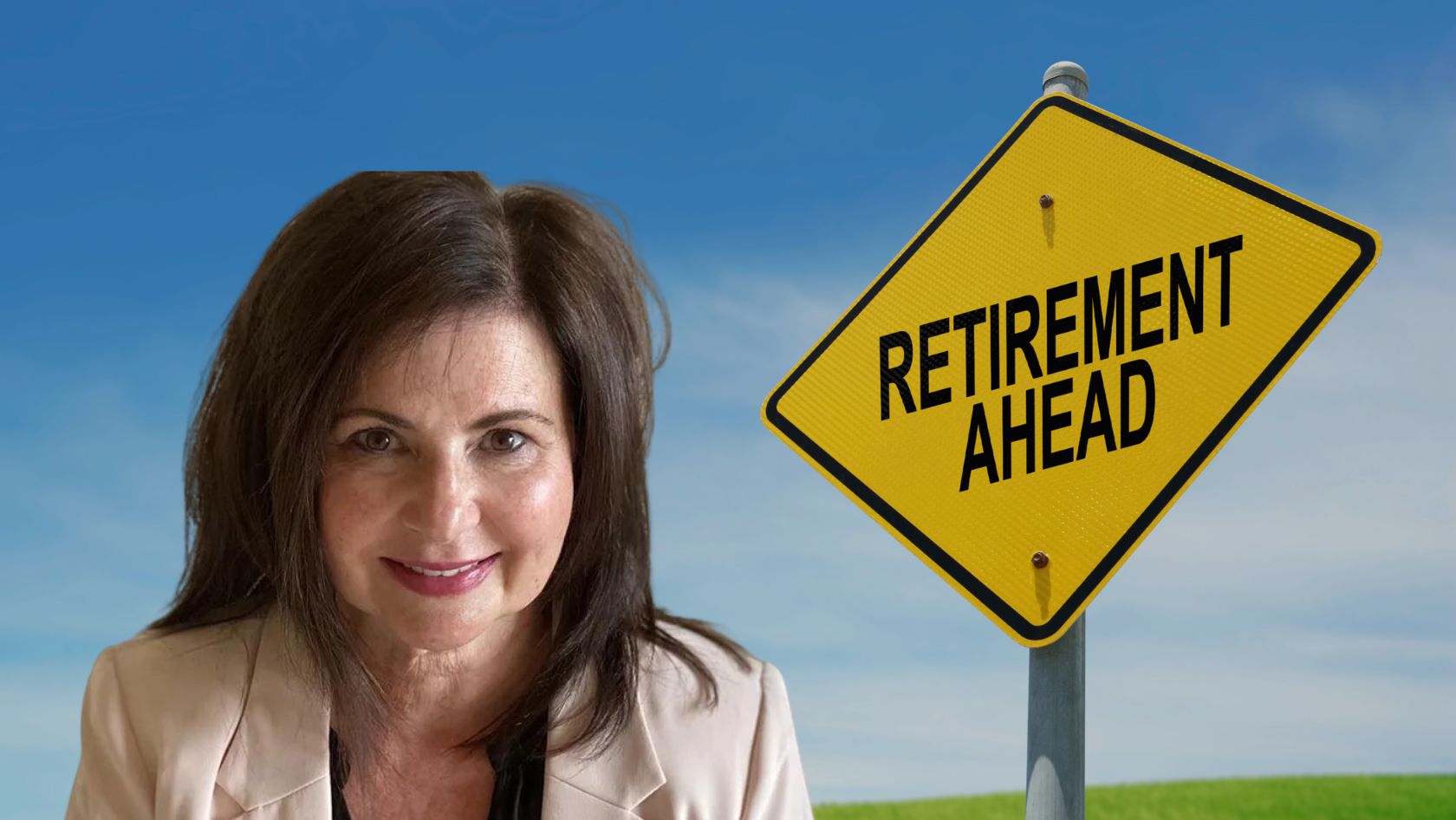 Smiling woman next to a yellow 'RETIREMENT AHEAD' road sign against a blue sky.