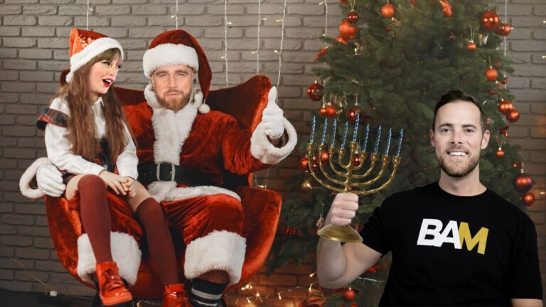 Festive scene: Santa sits in a chair with a girl on his lap, while a man in a BAM shirt holds a menorah beside a Christmas tree.