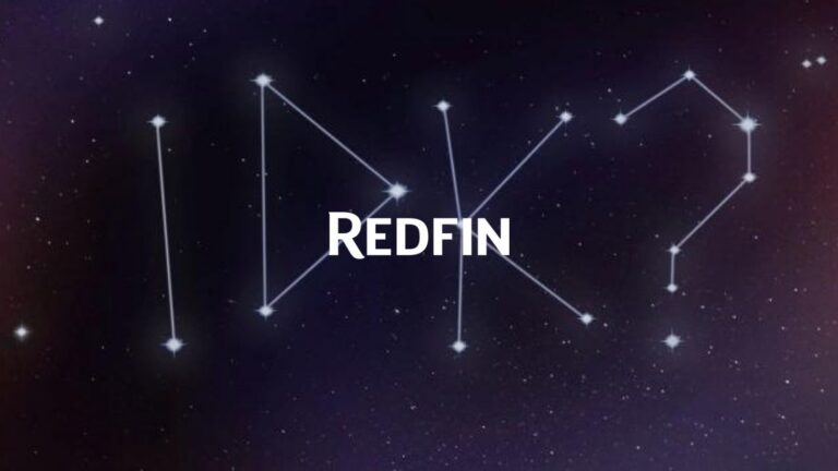 Brand banner with the word REDFIN in bold white over a starry night sky and constellation-line graphics in the background.