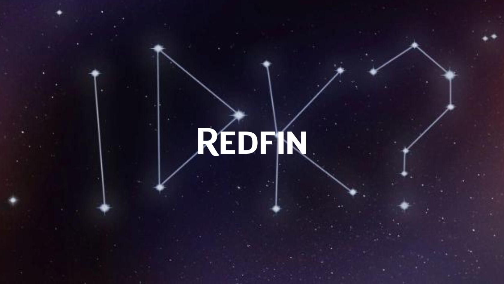 Brand banner with the word REDFIN in bold white over a starry night sky and constellation-line graphics in the background.