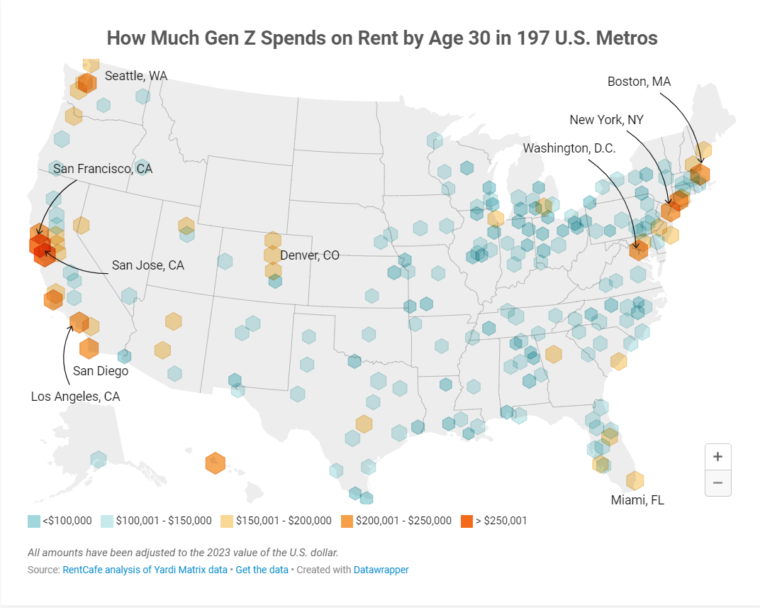 RentCafe_How-much-GenZ-spends-on-rent-by-age-30-in-197-US-metros-map