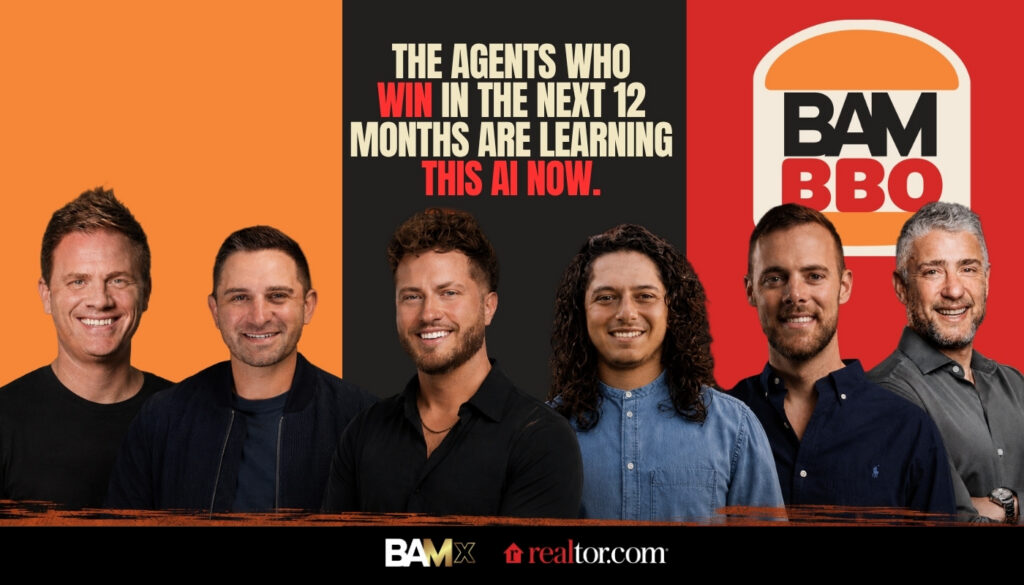 Six smiling real estate agents stand against orange, black, and red panels with a bold headline about learning AI now and BAMx/realtor logos in the band at the bottom.