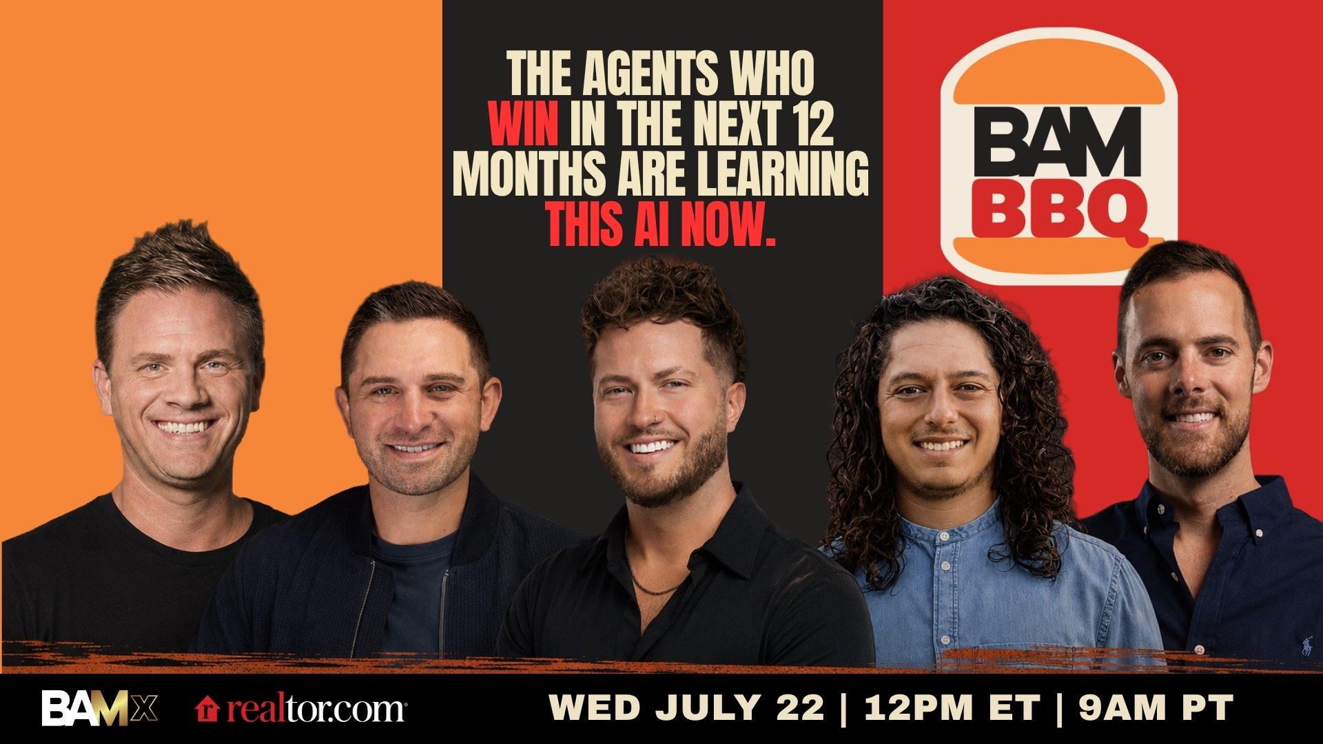Promo banner for BAMx BBQ with five smiling hosts on orange/black/red panels and the slogan about AI learning; banded logos at bottom including realtor.com.