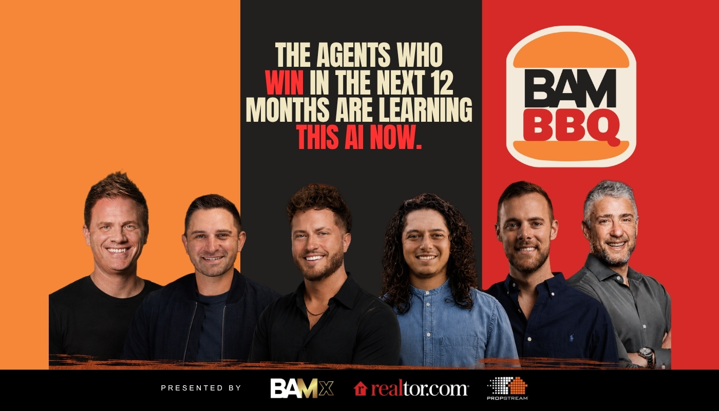 Six men stand in front of an orange–black–red banner for BAM BBQ, with bold text about agents learning AI now.