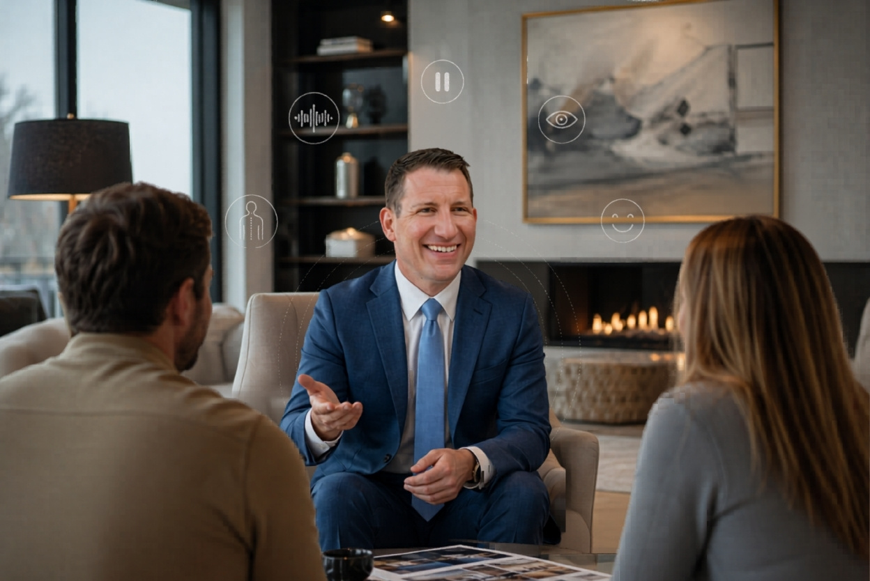 Businessman in a blue suit converses with two clients in a modern living room by a fireplace and artwork in the background.