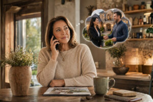 Woman on a phone call at a cafe, imagining a handshake with a couple in front of a home inside a thought bubble
