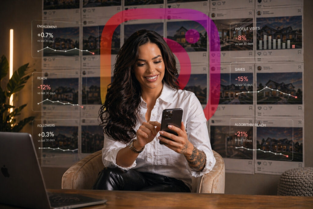 Woman in a white shirt sits with a phone, surrounded by floating analytics panels showing social media metrics like engagement, reach, and followers (informative). Focus on the user checking data on his/her device with data overlays in the background.