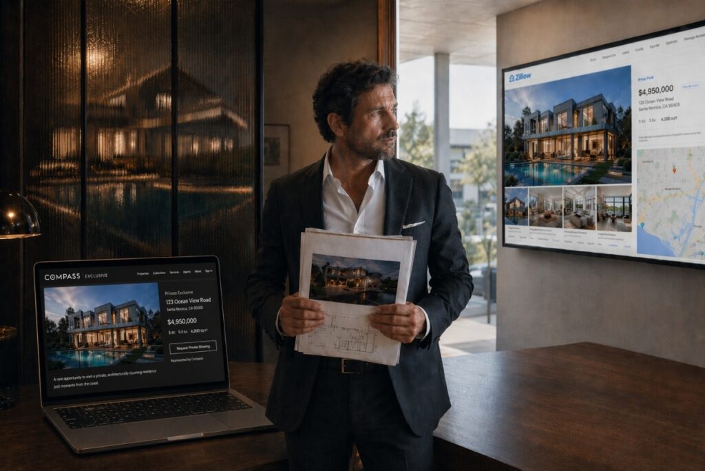 Businessman in a suit stands at a desk, holding architectural plans while real estate listings are shown on a laptop and a wall screen behind him.