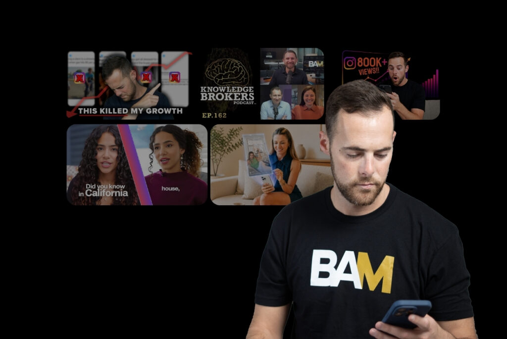 Man in a BAM shirt glances at his phone, with a grid of video thumbnails floating on a black background behind him.