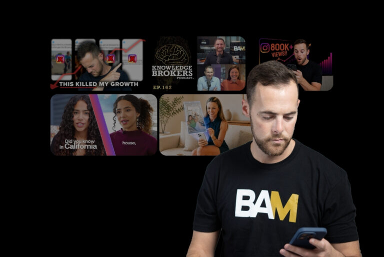 Man in a BAM shirt glances at his phone, with a grid of video thumbnails floating on a black background behind him.
