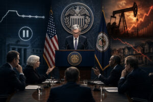 Senior official at podium delivering briefing in a formal meeting room with US seal, American flag, and other officials seated around a curved table.
