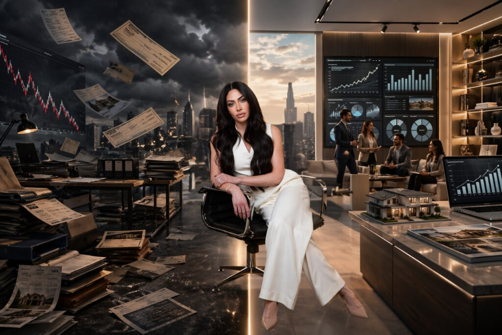 Businesswoman in a white suit sits on a chair in a modern trading room; papers fly around as monitors show stock charts and a city skyline looms outside the windows.