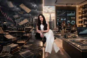 Businesswoman in a white suit sits on a chair in a modern trading room; papers fly around as monitors show stock charts and a city skyline looms outside the windows.
