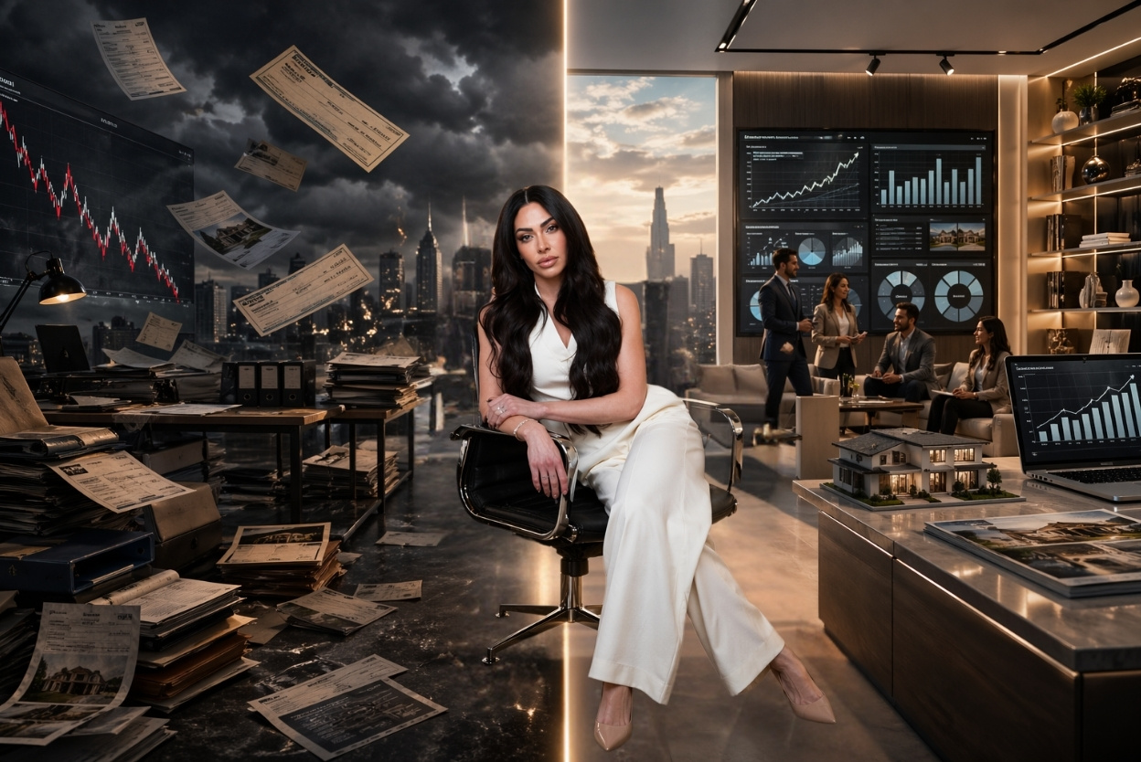 Businesswoman in a white suit sits on a chair in a modern trading room; papers fly around as monitors show stock charts and a city skyline looms outside the windows.