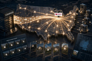 3D map of the United States with glowing network nodes linking cities, property cards, and a Compass building on the left (real estate tech scene).