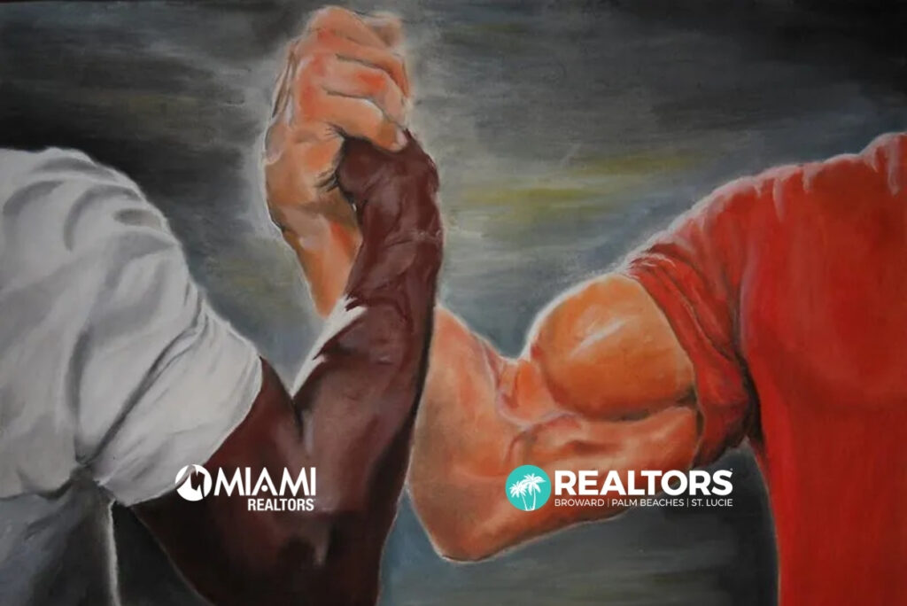 Two arms locked in an arm-wrestling grip, white sleeve versus red sleeve, with Miami Realtors and Realtors logos overlaid at the bottom start.