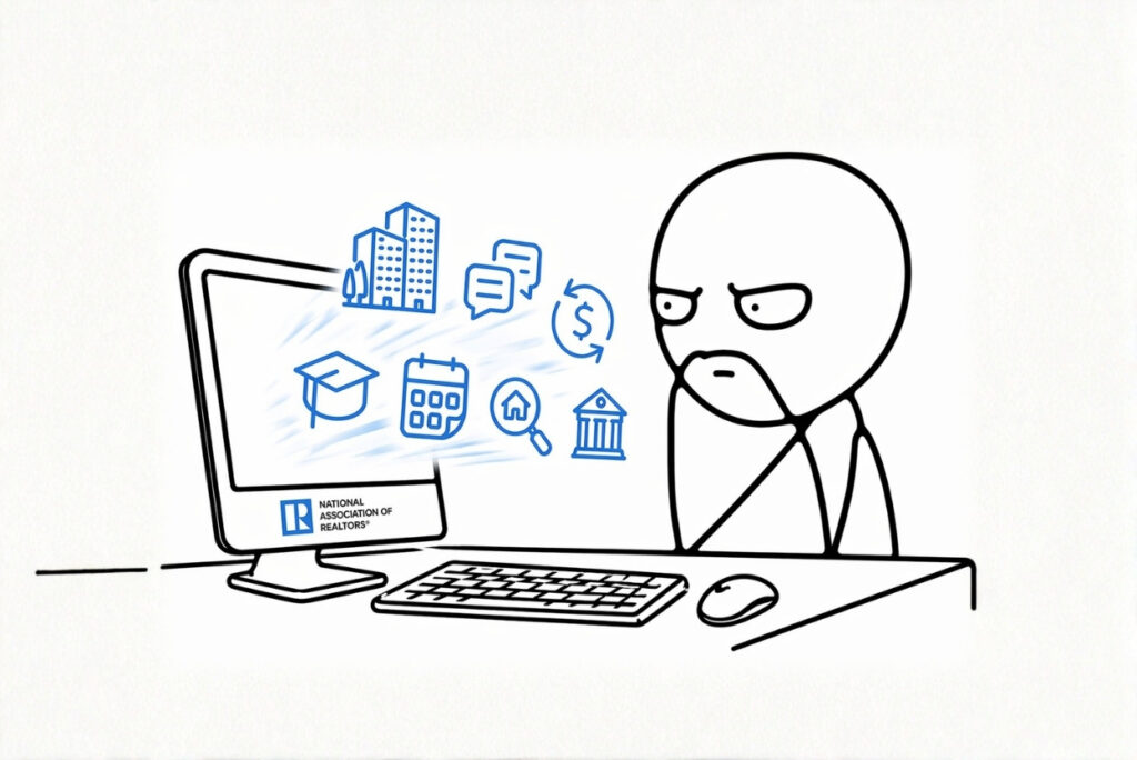 Frustrated person at a desk staring at a computer displaying real estate icons and the National Association of Realtors logo.