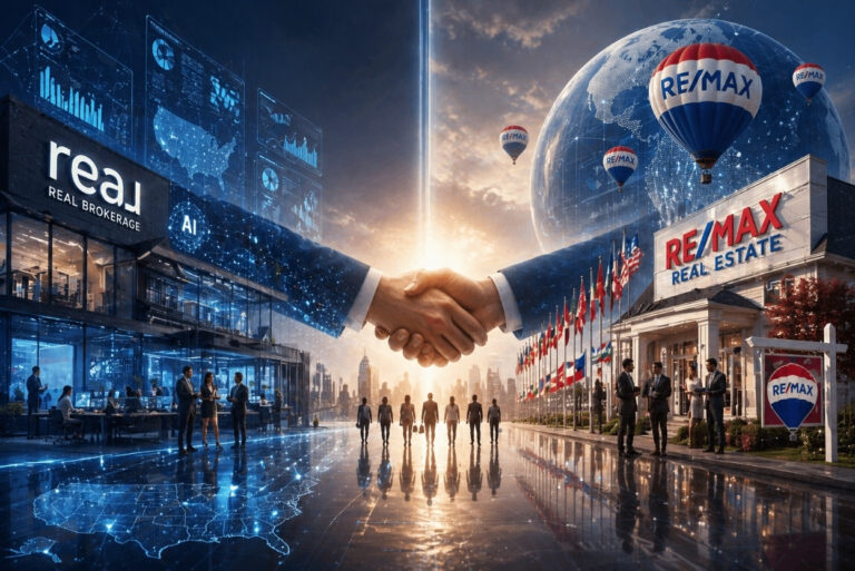 Handshake between two suited figures beneath a blue, futuristic cityscape, signaling a real estate partnership between Real Brokerage and RE/MAX.