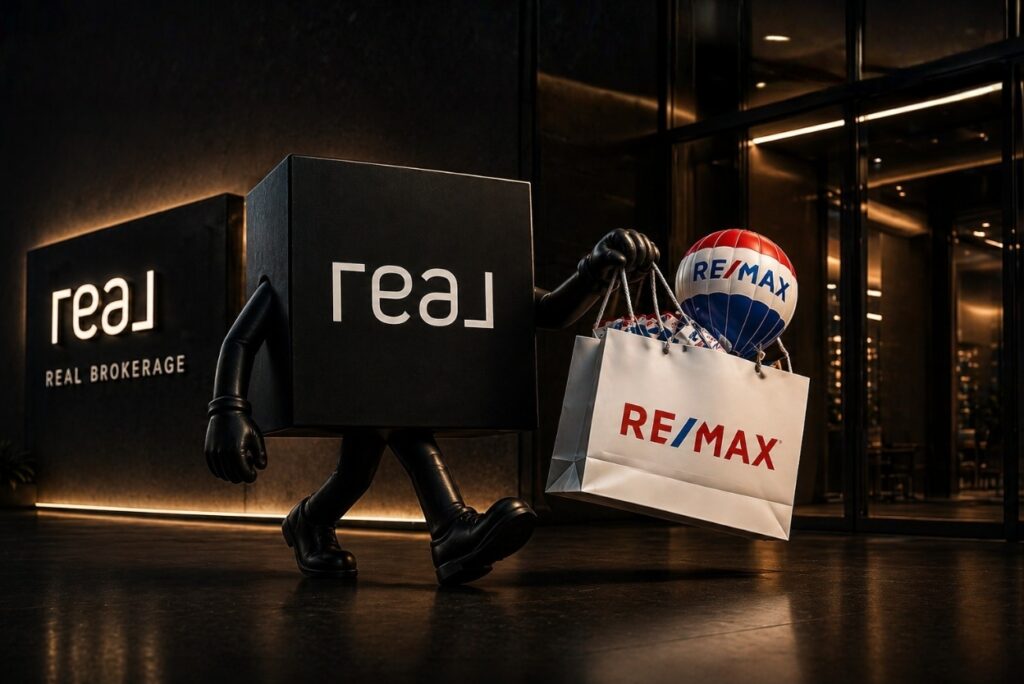 Black cube mascot walking with a RE/MAX shopping bag and balloon outside a Real Brokerage storefront.