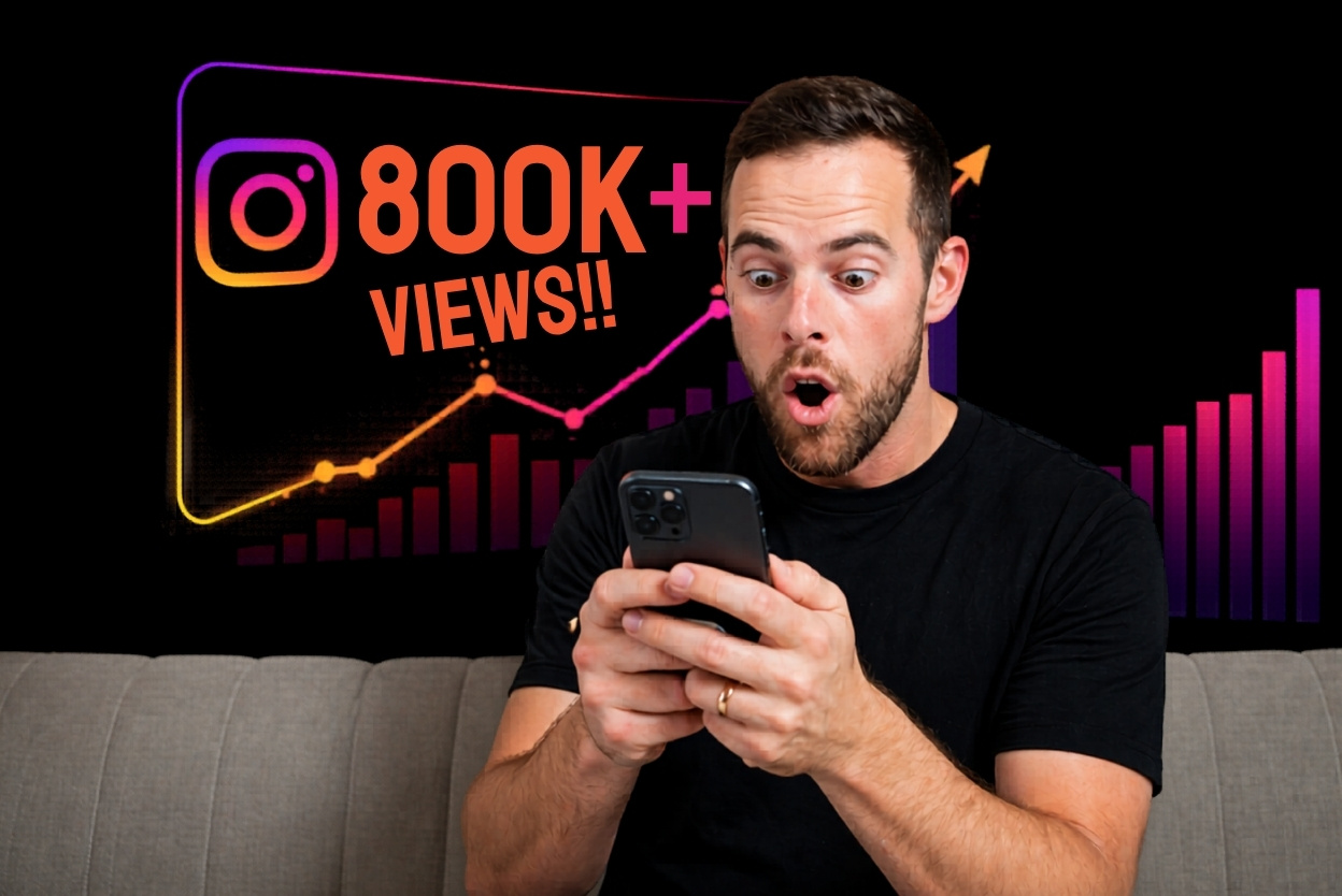 Man on a couch looks at his phone with a shocked expression; neon Instagram graphic reads '800K+ VIEWS!!' behind him.