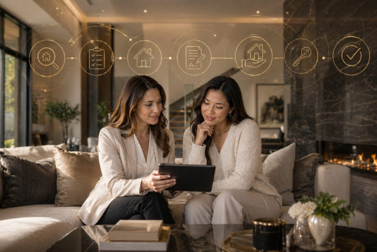 Two women sit on a beige sofa in a modern living room, looking at a tablet together.