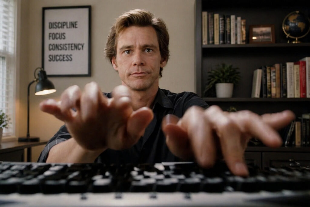 Man reaching toward a computer keyboard in a home office, with a framed “Discipline Focus Consistency Success” poster in the background.