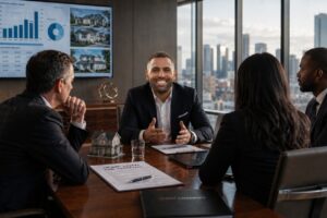 Man in a navy suit speaks to three colleagues around a wooden conference table in a high-rise office with a city skyline outside the windows.