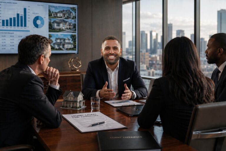 Man in a navy suit speaks to three colleagues around a wooden conference table in a high-rise office with a city skyline outside the windows.