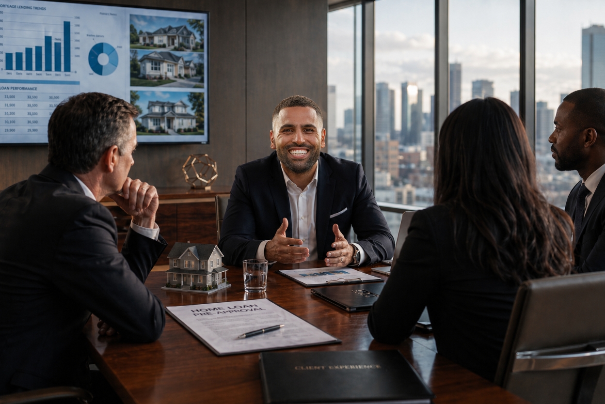 Man in a navy suit speaks to three colleagues around a wooden conference table in a high-rise office with a city skyline outside the windows.