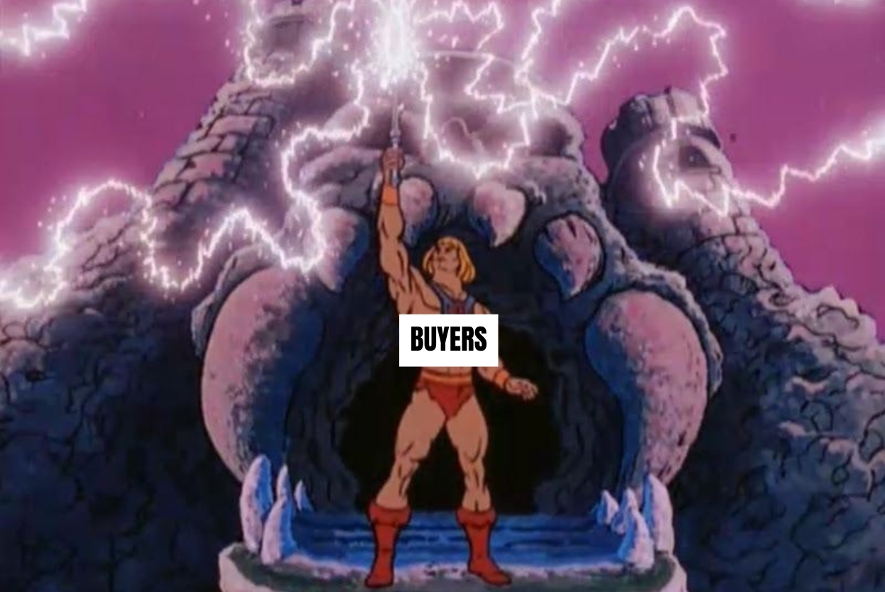 Animated He-Man figure stands on a rocky platform, sword raised, dramatic lightning in a purple sky, with a white label 'BUYERS' on his chest.