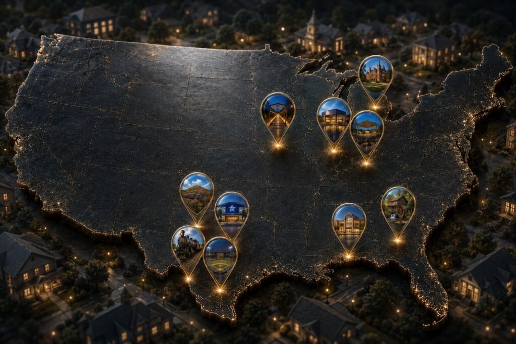 Nighttime map of the United States with glowing pins marking landmarks and photos at each location.
