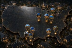 Nighttime map of the United States with glowing pins marking landmarks and photos at each location.