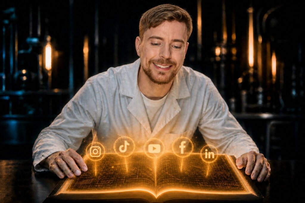 Man in a white coat sits at an open glowing book, with floating social icons (Instagram, TikTok, YouTube, Facebook, LinkedIn) above it, suggesting digital learning about social media.