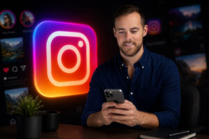 Man in a blue shirt sits at a desk, looking at his phone, with a large neon Instagram logo glowing in the background.