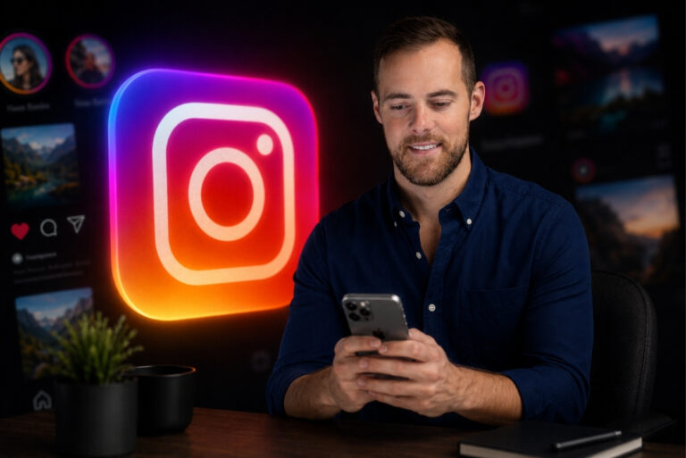 Man in a blue shirt sits at a desk, looking at his phone, with a large neon Instagram logo glowing in the background.