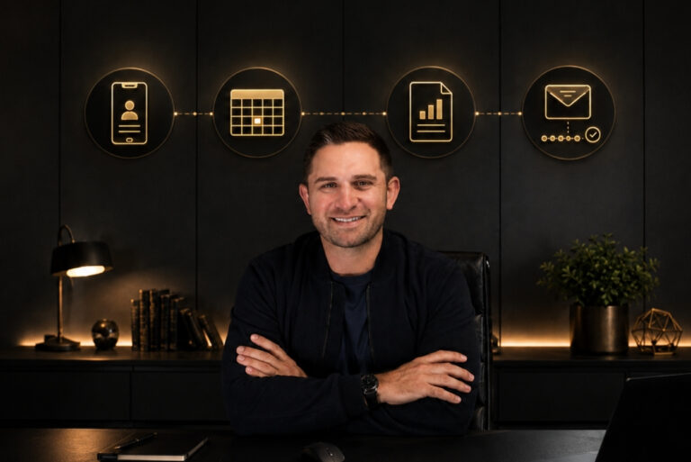 Smiling man sits at a desk in a dark, modern office with glowing icons behind him (phone, calendar, chart, envelope).