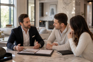 Three adults in a modern office discuss documents at a marble table, with a man in a suit leading the conversation.