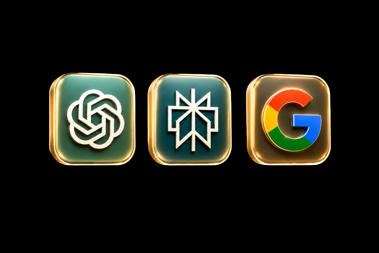 Three square app icons with gold borders on a black background: left icon a white interwoven knot, middle icon a white geometric cross, right icon the multicolored Google G.