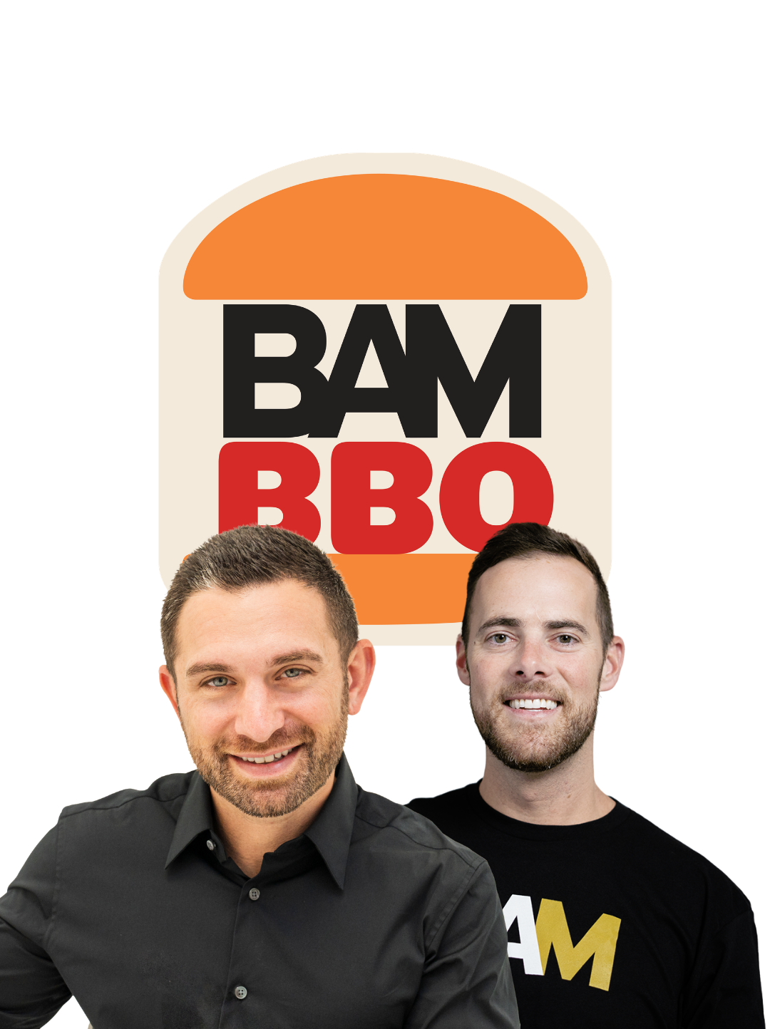 Two men smile at the camera in front of a BAM BBQ logo banner with orange and beige background.