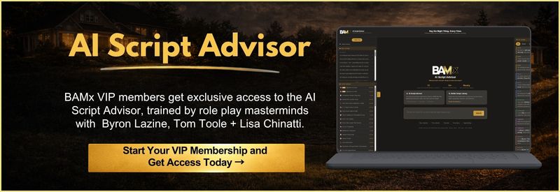 BAM Blog Post - CTA Ads - BAM Banner for AI Script Advisor advertising VIP access and a laptop showing the dashboard on a dark background with a gold CTA button saying 'Start Your VIP Membership and Get Access Today'.