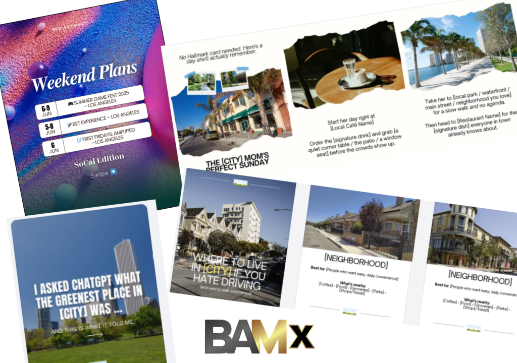 Collage of event posters and photos: a vibrant 'Weekend Plans' flyer on the left, with a downtown street scene, a cafe setting, and a palm-lined seaside promenade in adjacent panels.