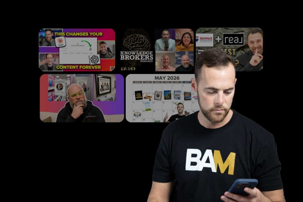 Man in a black BAM shirt looks down at his phone, with a row of video thumbnails on a black background behind him.