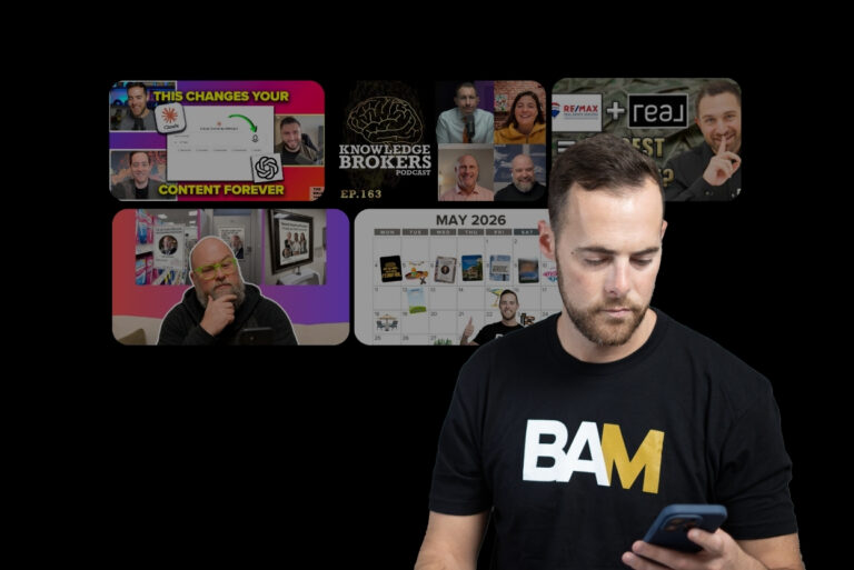 Man in a black BAM shirt looks down at his phone, with a row of video thumbnails on a black background behind him.